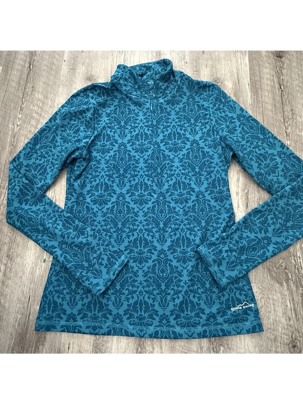 Eddie Bauer 1/4 Zip Pullover Womens Medium Teal Floral Top Activewear Stretch